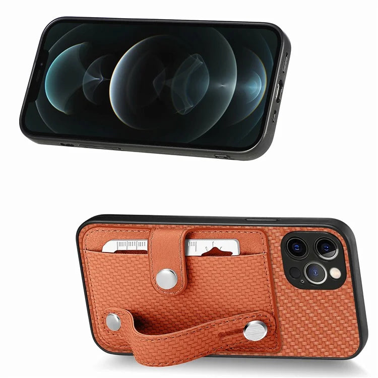 C1-01 For iPhone 12 Pro Kickstand Case Card Slot Carbon Fiber Texture PU+TPU+PC Phone Cover