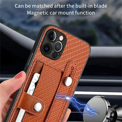 C1-01 For iPhone 12 Pro Kickstand Case Card Slot Carbon Fiber Texture PU+TPU+PC Phone Cover