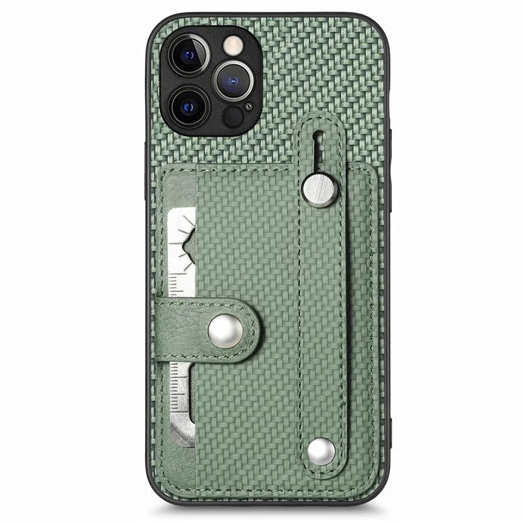 C1-01 For iPhone 12 Pro Kickstand Case Card Slot Carbon Fiber Texture PU+TPU+PC Phone Cover