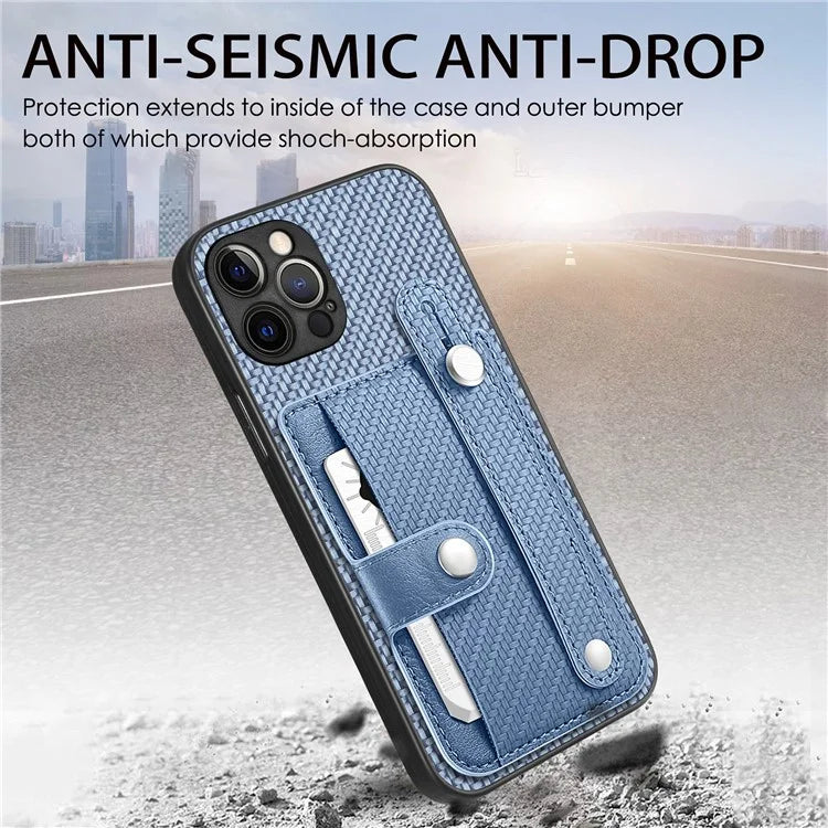 C1-01 For iPhone 12 Pro Kickstand Case Card Slot Carbon Fiber Texture PU+TPU+PC Phone Cover