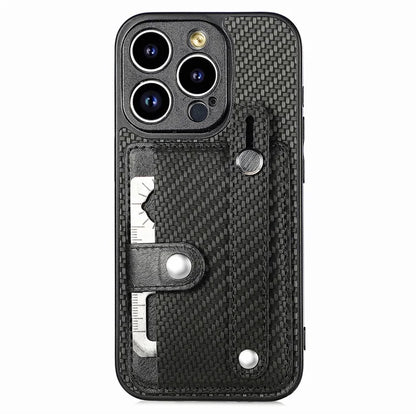C1-01 For iPhone 13 Pro Case Card Slot Carbon Fiber Texture PU+TPU+PC Shockproof Phone Cover