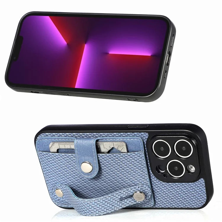 C1-01 For iPhone 13 Pro Case Card Slot Carbon Fiber Texture PU+TPU+PC Shockproof Phone Cover
