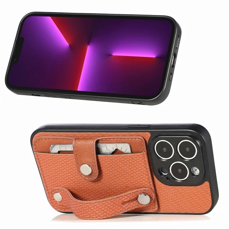 C1-01 For iPhone 13 Pro Case Card Slot Carbon Fiber Texture PU+TPU+PC Shockproof Phone Cover
