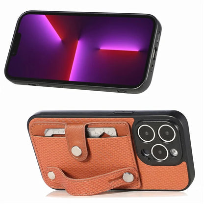 C1-01 For iPhone 13 Pro Case Card Slot Carbon Fiber Texture PU+TPU+PC Shockproof Phone Cover