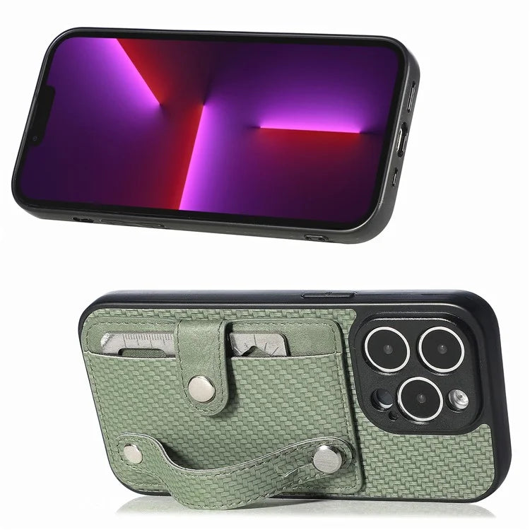 C1-01 For iPhone 13 Pro Case Card Slot Carbon Fiber Texture PU+TPU+PC Shockproof Phone Cover