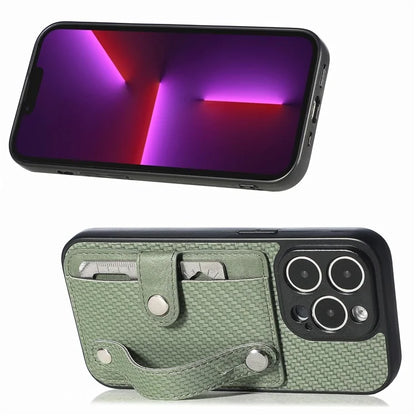 C1-01 For iPhone 13 Pro Case Card Slot Carbon Fiber Texture PU+TPU+PC Shockproof Phone Cover
