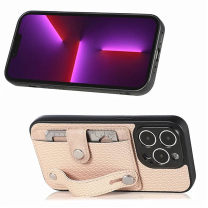 C1-01 For iPhone 13 Pro Case Card Slot Carbon Fiber Texture PU+TPU+PC Shockproof Phone Cover