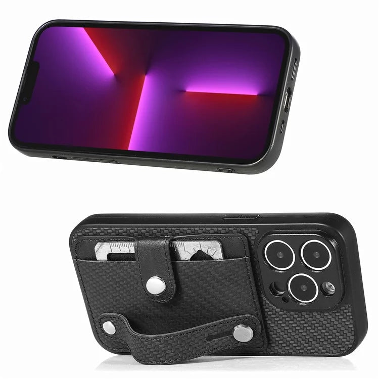 C1-01 For iPhone 13 Pro Max Card Slot Cover PC+TPU+Leather Phone Shell with Wristband Ring