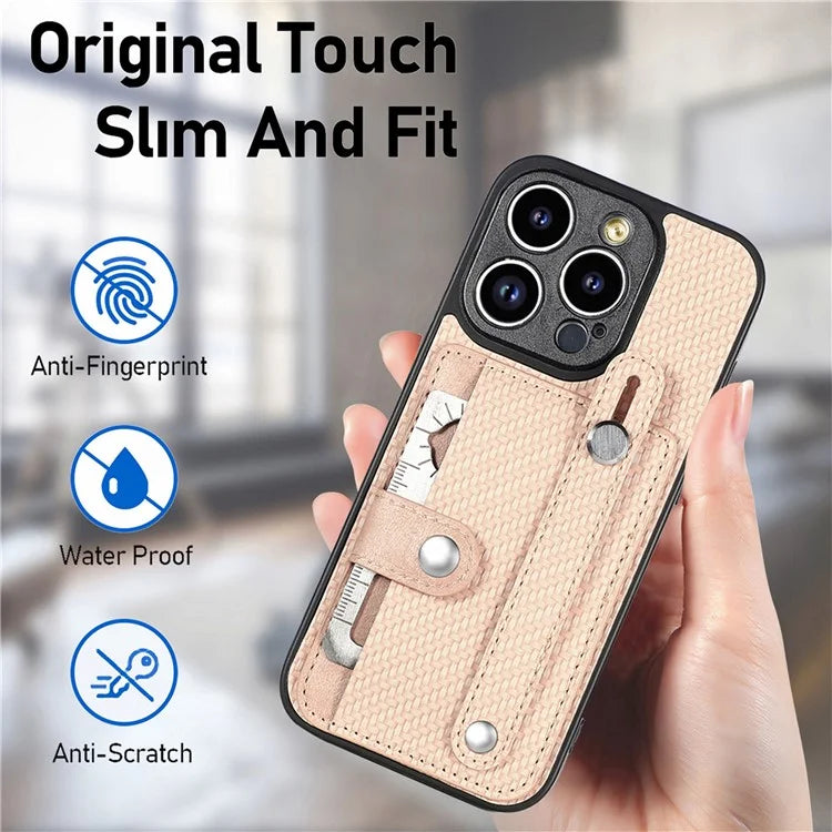 C1-01 For iPhone 13 Pro Max Card Slot Cover PC+TPU+Leather Phone Shell with Wristband Ring