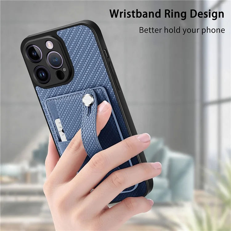 C1-01 For iPhone 13 Pro Max Card Slot Cover PC+TPU+Leather Phone Shell with Wristband Ring