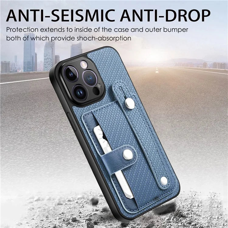 C1-01 For iPhone 13 Pro Max Card Slot Cover PC+TPU+Leather Phone Shell with Wristband Ring