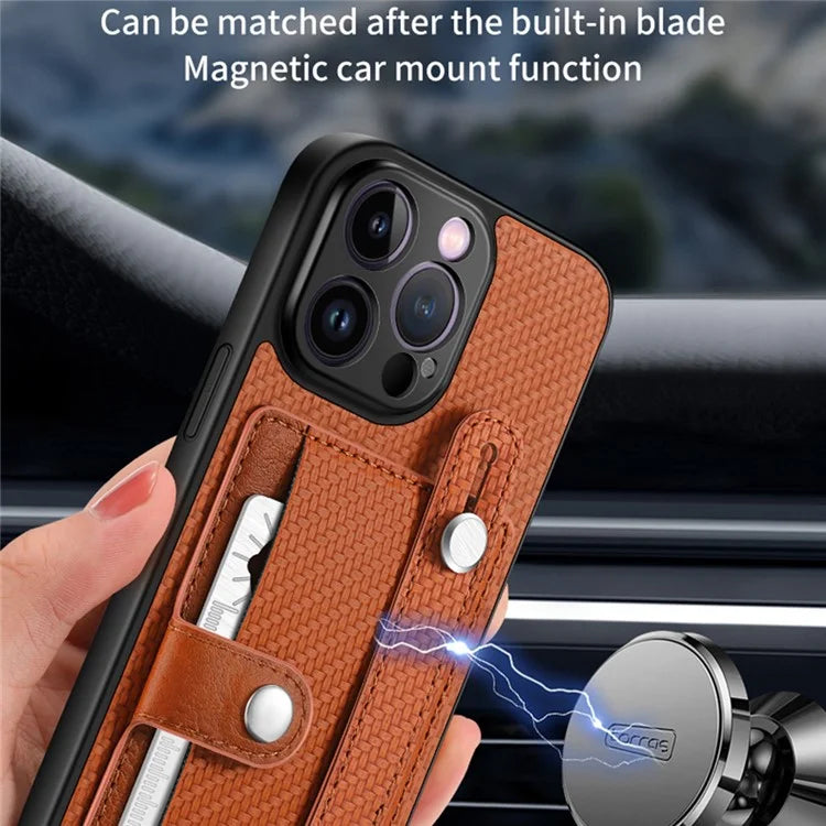 C1-01 For iPhone 13 Pro Max Card Slot Cover PC+TPU+Leather Phone Shell with Wristband Ring