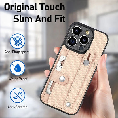 C1-01 For iPhone 13 Pro Max Card Slot Cover PC+TPU+Leather Phone Shell with Wristband Ring