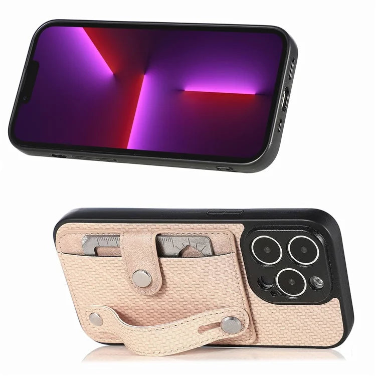C1-01 For iPhone 13 Pro Max Card Slot Cover PC+TPU+Leather Phone Shell with Wristband Ring