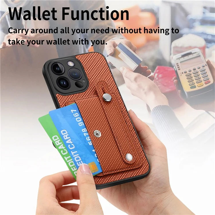 C1-01 For iPhone 13 Pro Max Card Slot Cover PC+TPU+Leather Phone Shell with Wristband Ring