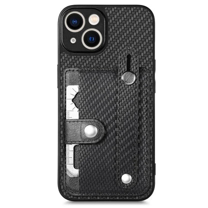 C1-01 For iPhone 13 Phone Case Card Holder Wristband PU Leather Coated TPU+PC Cover