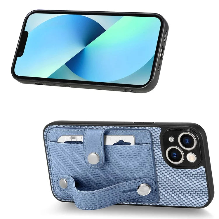 C1-01 For iPhone 13 Phone Case Card Holder Wristband PU Leather Coated TPU+PC Cover