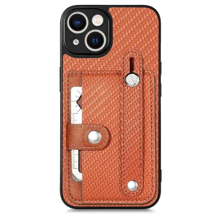 C1-01 For iPhone 13 Phone Case Card Holder Wristband PU Leather Coated TPU+PC Cover