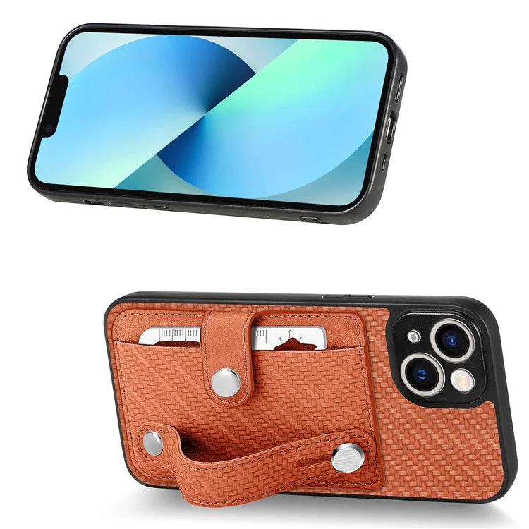 C1-01 For iPhone 13 Phone Case Card Holder Wristband PU Leather Coated TPU+PC Cover