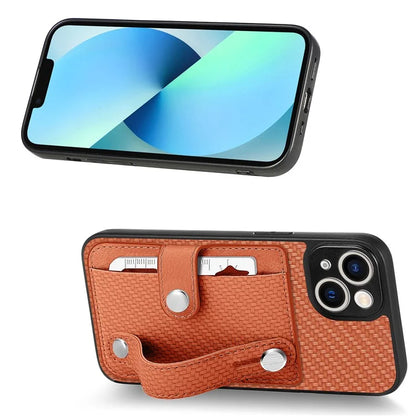C1-01 For iPhone 13 Phone Case Card Holder Wristband PU Leather Coated TPU+PC Cover