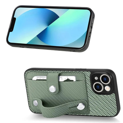 C1-01 For iPhone 13 Phone Case Card Holder Wristband PU Leather Coated TPU+PC Cover