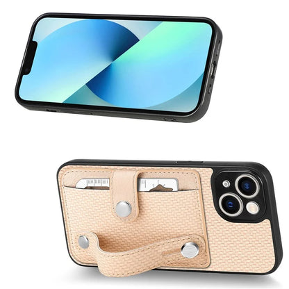 C1-01 For iPhone 13 Phone Case Card Holder Wristband PU Leather Coated TPU+PC Cover