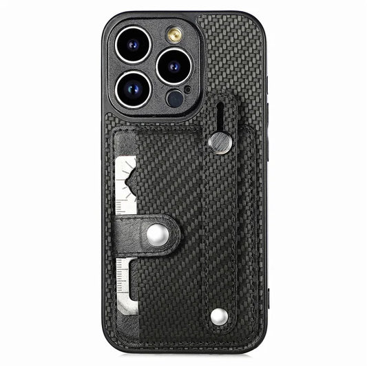 C1-01 For iPhone 14 Pro Case Card Slot Carbon Fiber Texture PU Hybrid Phone Cover