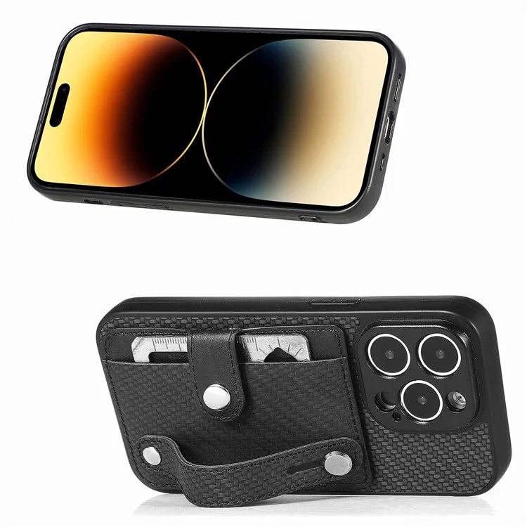 C1-01 For iPhone 14 Pro Case Card Slot Carbon Fiber Texture PU Hybrid Phone Cover