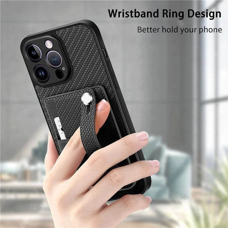 C1-01 For iPhone 14 Pro Case Card Slot Carbon Fiber Texture PU Hybrid Phone Cover
