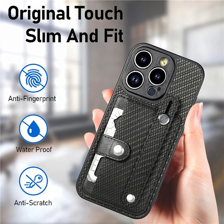 C1-01 For iPhone 14 Pro Case Card Slot Carbon Fiber Texture PU Hybrid Phone Cover