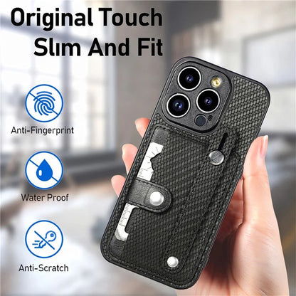 C1-01 For iPhone 14 Pro Case Card Slot Carbon Fiber Texture PU Hybrid Phone Cover