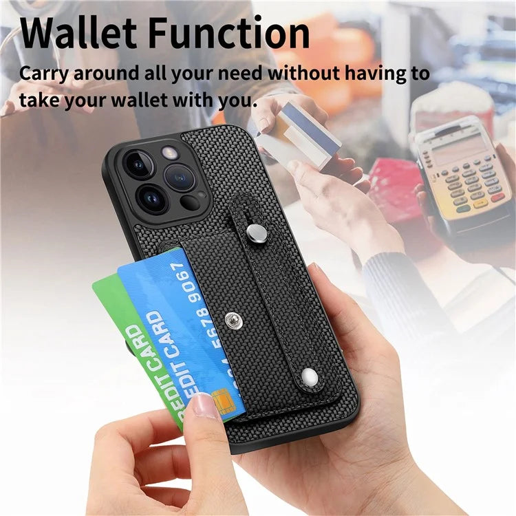C1-01 For iPhone 14 Pro Case Card Slot Carbon Fiber Texture PU Hybrid Phone Cover