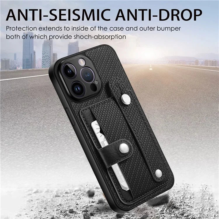 C1-01 For iPhone 14 Pro Case Card Slot Carbon Fiber Texture PU Hybrid Phone Cover