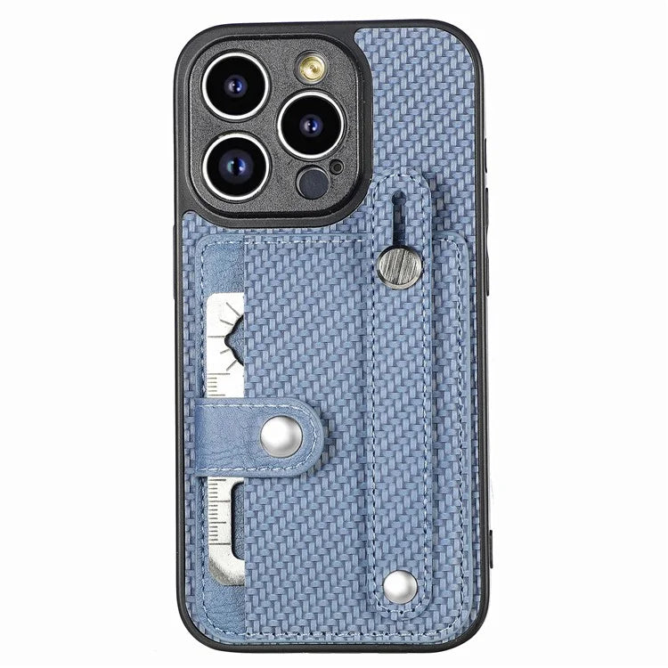 C1-01 For iPhone 14 Pro Case Card Slot Carbon Fiber Texture PU Hybrid Phone Cover