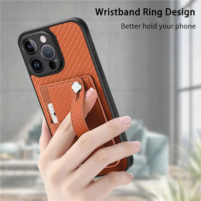 C1-01 For iPhone 14 Pro Case Card Slot Carbon Fiber Texture PU Hybrid Phone Cover