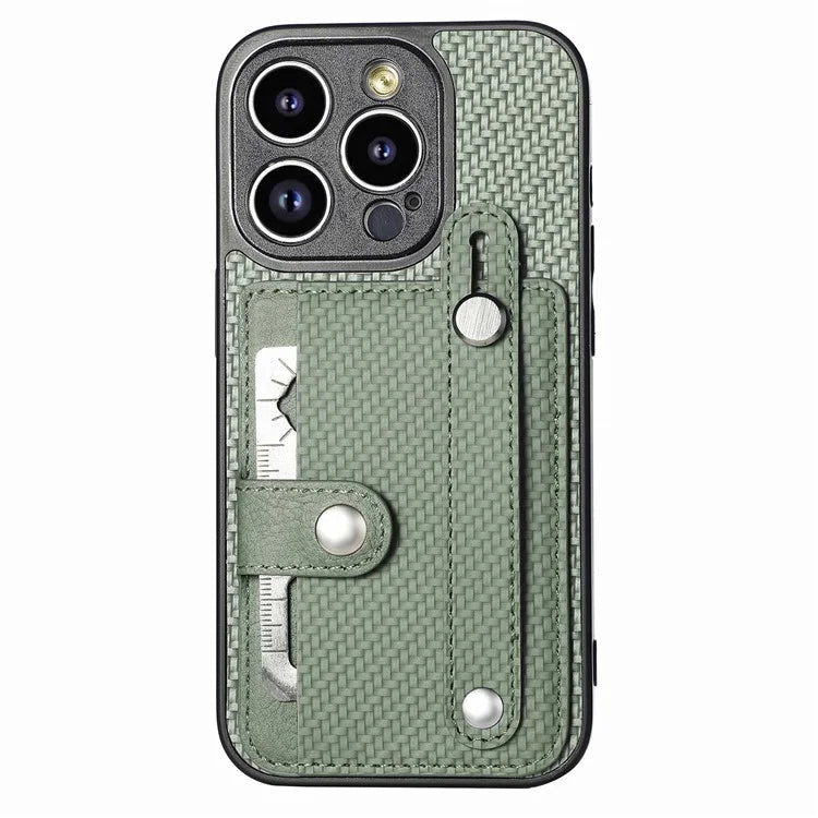 C1-01 For iPhone 14 Pro Case Card Slot Carbon Fiber Texture PU Hybrid Phone Cover