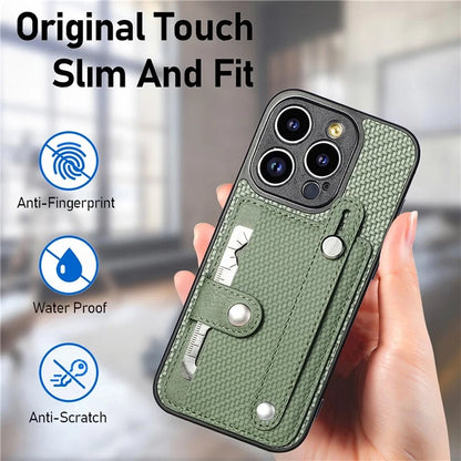 C1-01 For iPhone 14 Pro Case Card Slot Carbon Fiber Texture PU Hybrid Phone Cover