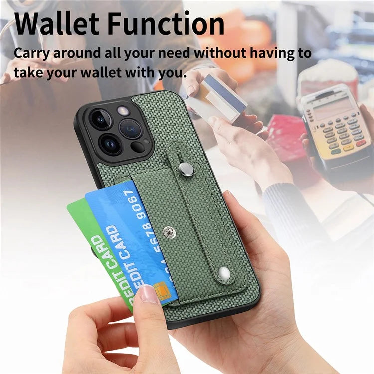 C1-01 For iPhone 14 Pro Case Card Slot Carbon Fiber Texture PU Hybrid Phone Cover