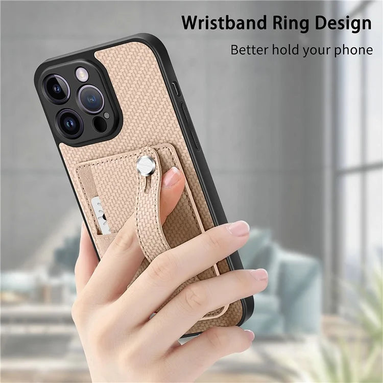 C1-01 For iPhone 14 Pro Case Card Slot Carbon Fiber Texture PU Hybrid Phone Cover