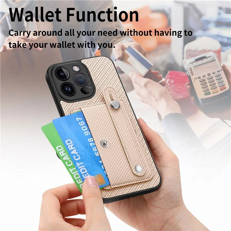 C1-01 For iPhone 14 Pro Case Card Slot Carbon Fiber Texture PU Hybrid Phone Cover