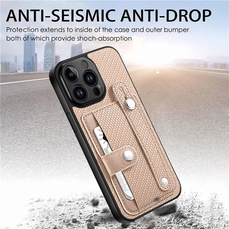 C1-01 For iPhone 14 Pro Case Card Slot Carbon Fiber Texture PU Hybrid Phone Cover