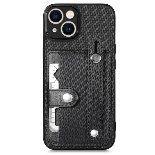 C1-01 For iPhone 14 Case Card Holder Carbon Fiber Texture PU+TPU+PC Shockproof Phone Cover