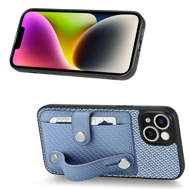C1-01 For iPhone 14 Case Card Holder Carbon Fiber Texture PU+TPU+PC Shockproof Phone Cover