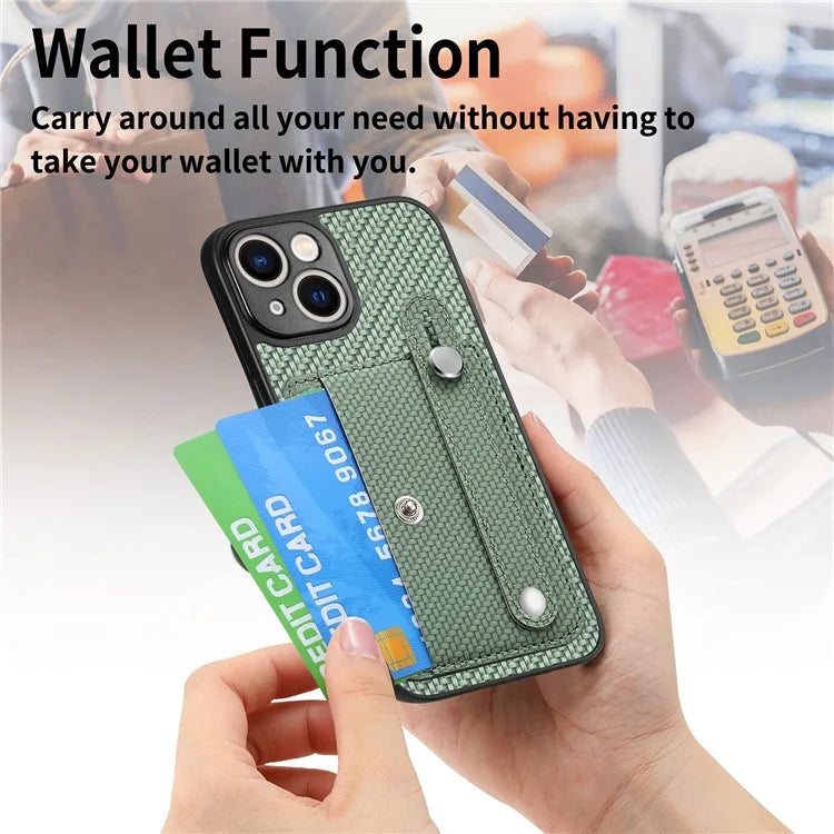 C1-01 For iPhone 14 Case Card Holder Carbon Fiber Texture PU+TPU+PC Shockproof Phone Cover