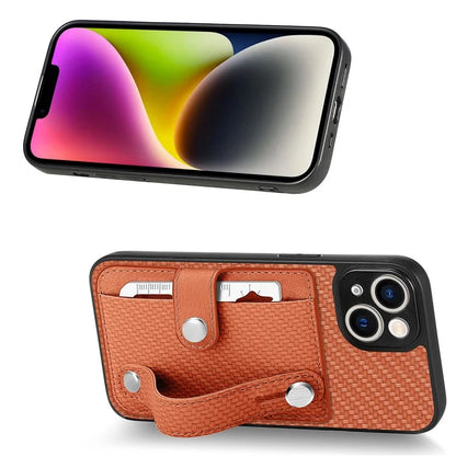 C1-01 For iPhone 14 Case Card Holder Carbon Fiber Texture PU+TPU+PC Shockproof Phone Cover