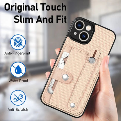 C1-01 For iPhone 14 Case Card Holder Carbon Fiber Texture PU+TPU+PC Shockproof Phone Cover