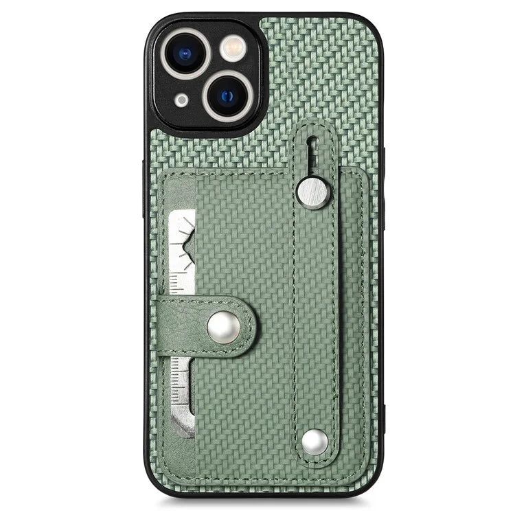 C1-01 For iPhone 14 Case Card Holder Carbon Fiber Texture PU+TPU+PC Shockproof Phone Cover