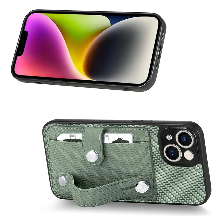 C1-01 For iPhone 14 Case Card Holder Carbon Fiber Texture PU+TPU+PC Shockproof Phone Cover