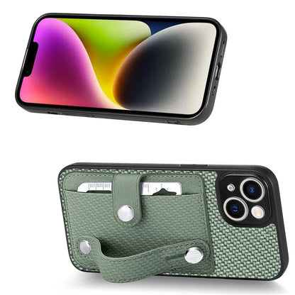 C1-01 For iPhone 14 Case Card Holder Carbon Fiber Texture PU+TPU+PC Shockproof Phone Cover