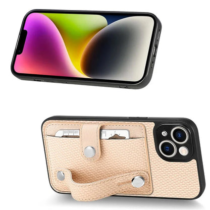 C1-01 For iPhone 14 Case Card Holder Carbon Fiber Texture PU+TPU+PC Shockproof Phone Cover